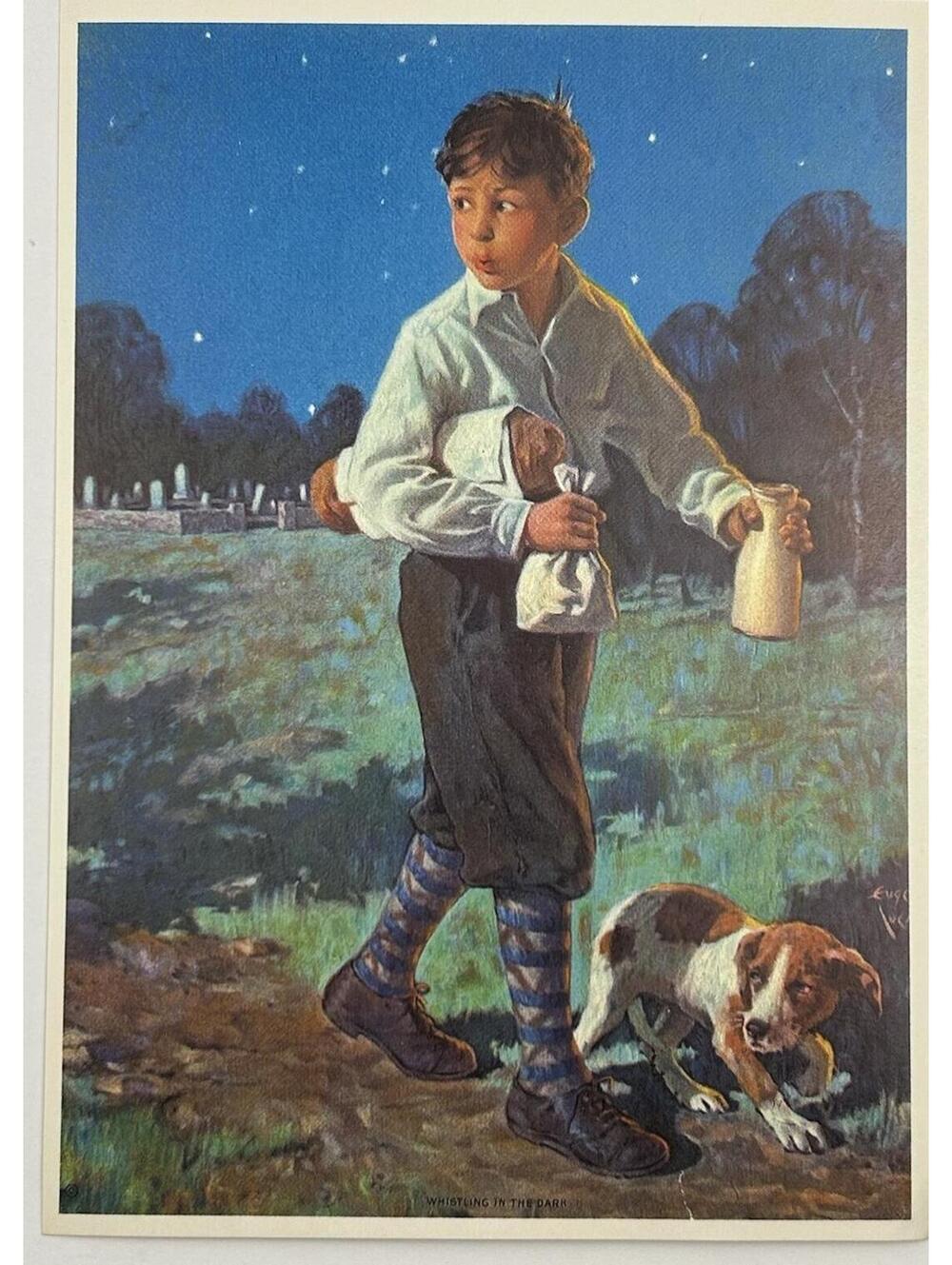Vintage Whistling In The Dark Postcard Eugene Iverd Boy Dog Hickory Inc 1990 N-1